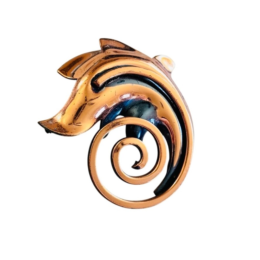 50s Copper Metal Leaf Brooch Pin VTG Signed Rame Sculptural Swirl Modernist MCM